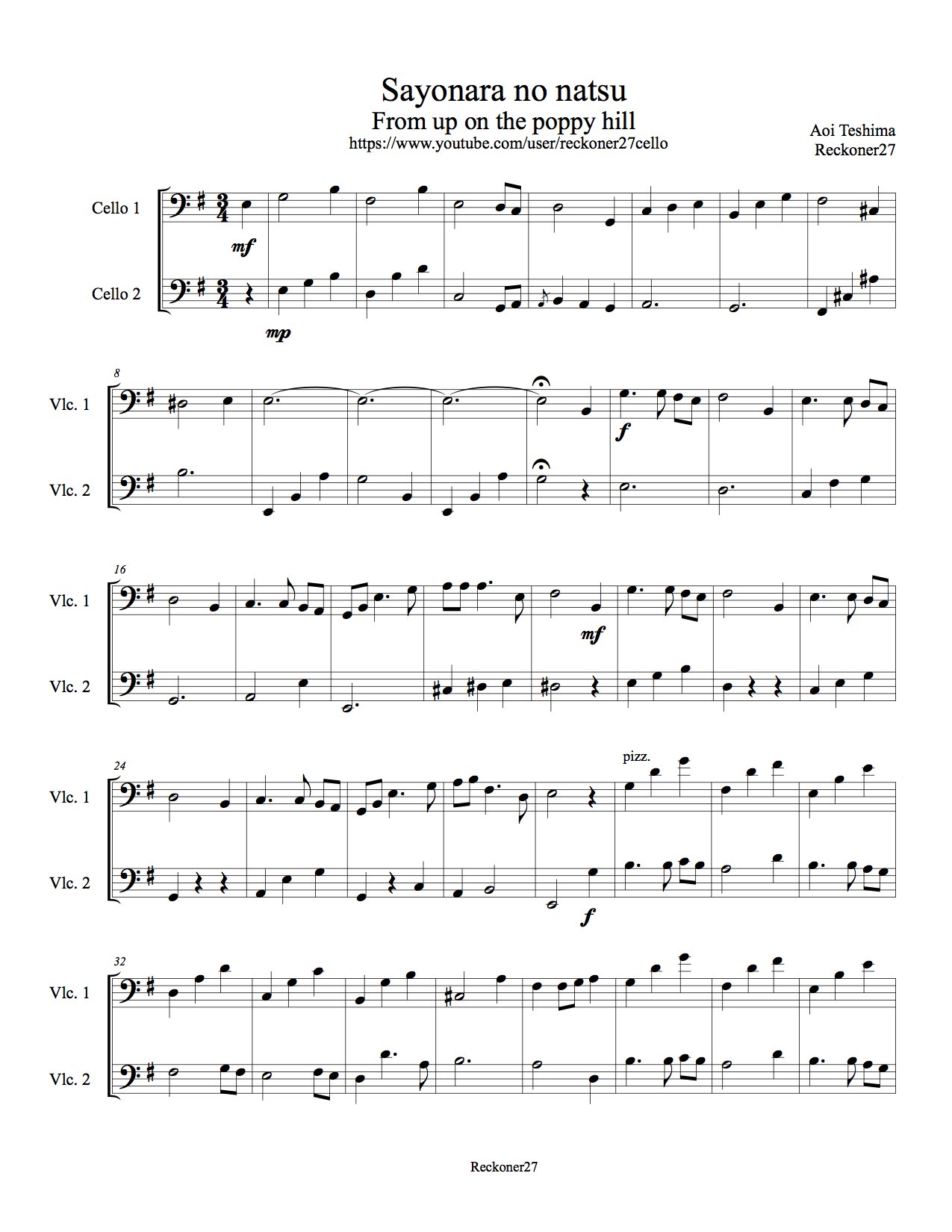 Sayonara no natsu- Cello duet