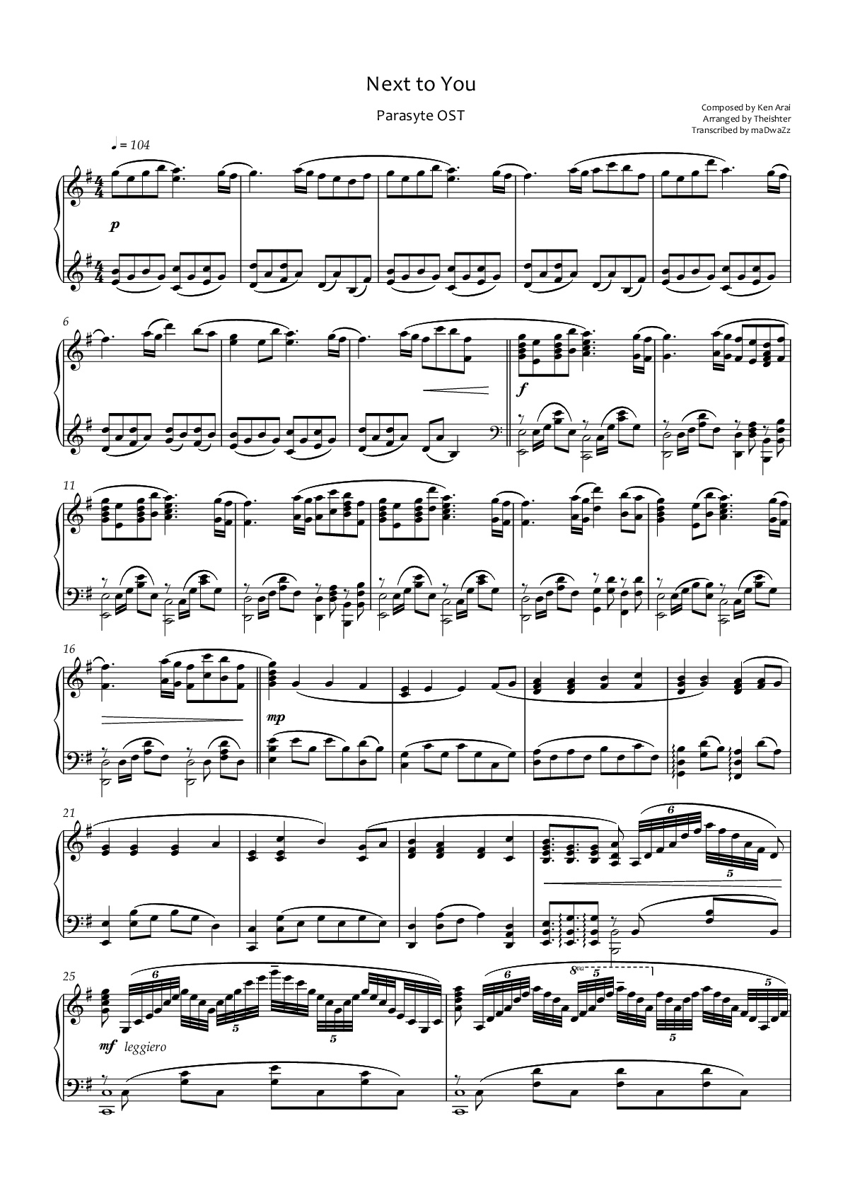 Next to You (Theishter) – Parasyte sheet music | Sheethost