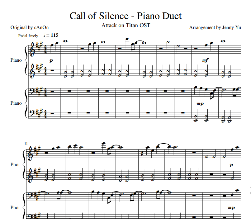 Call Of Silence Piano Duet Attack On Titan Season 2 Sheet Music