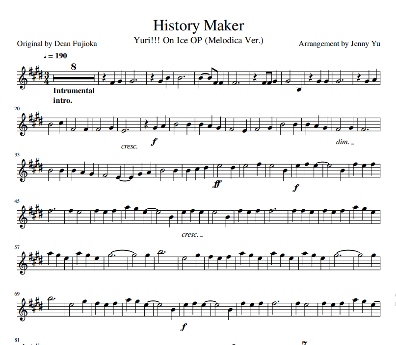History Maker Melodica Yuri!!! On Ice sheet music Sheethost