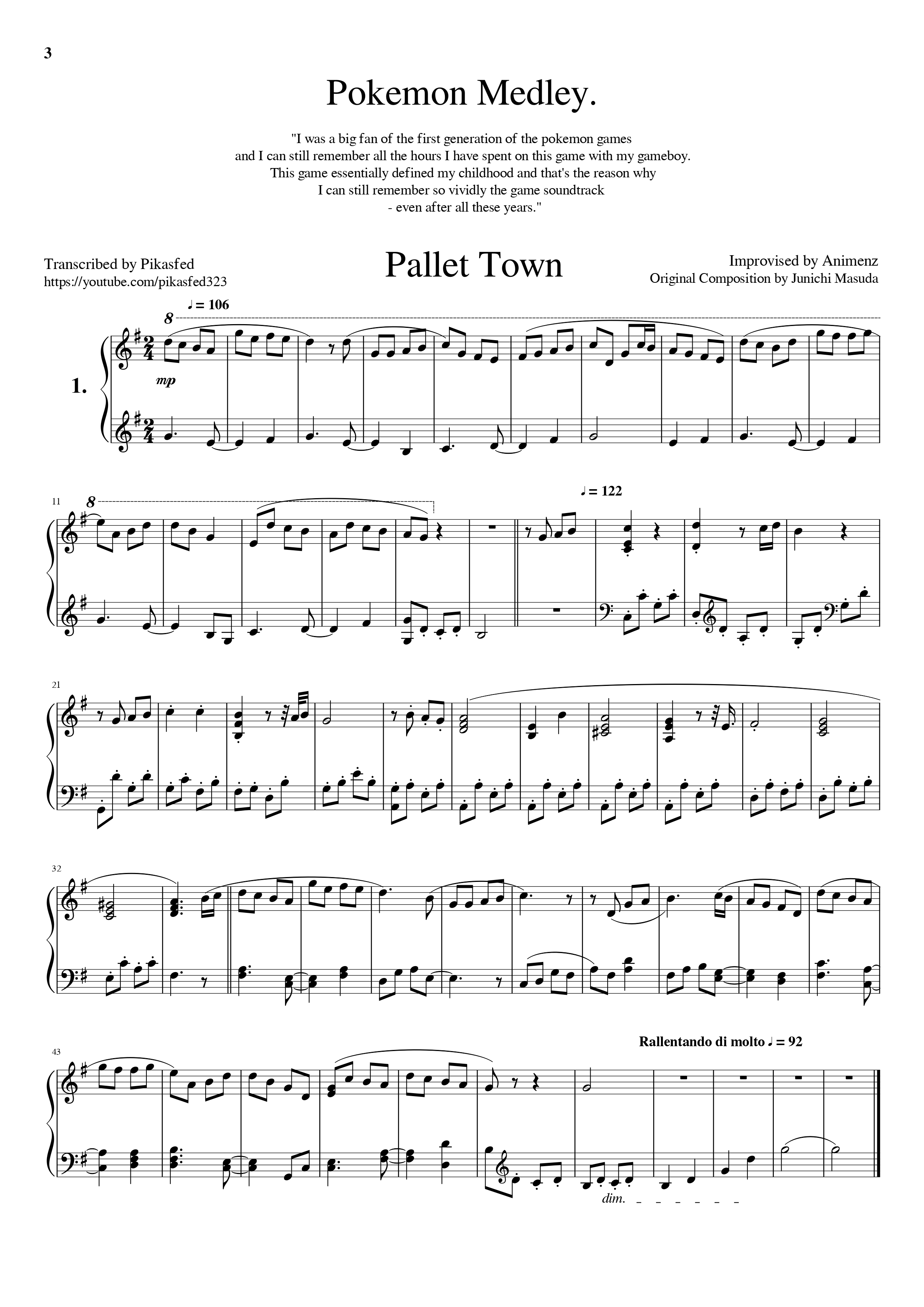 Pokemon Medley (Animenz) Pokemon Blue / Red sheet music Sheethost