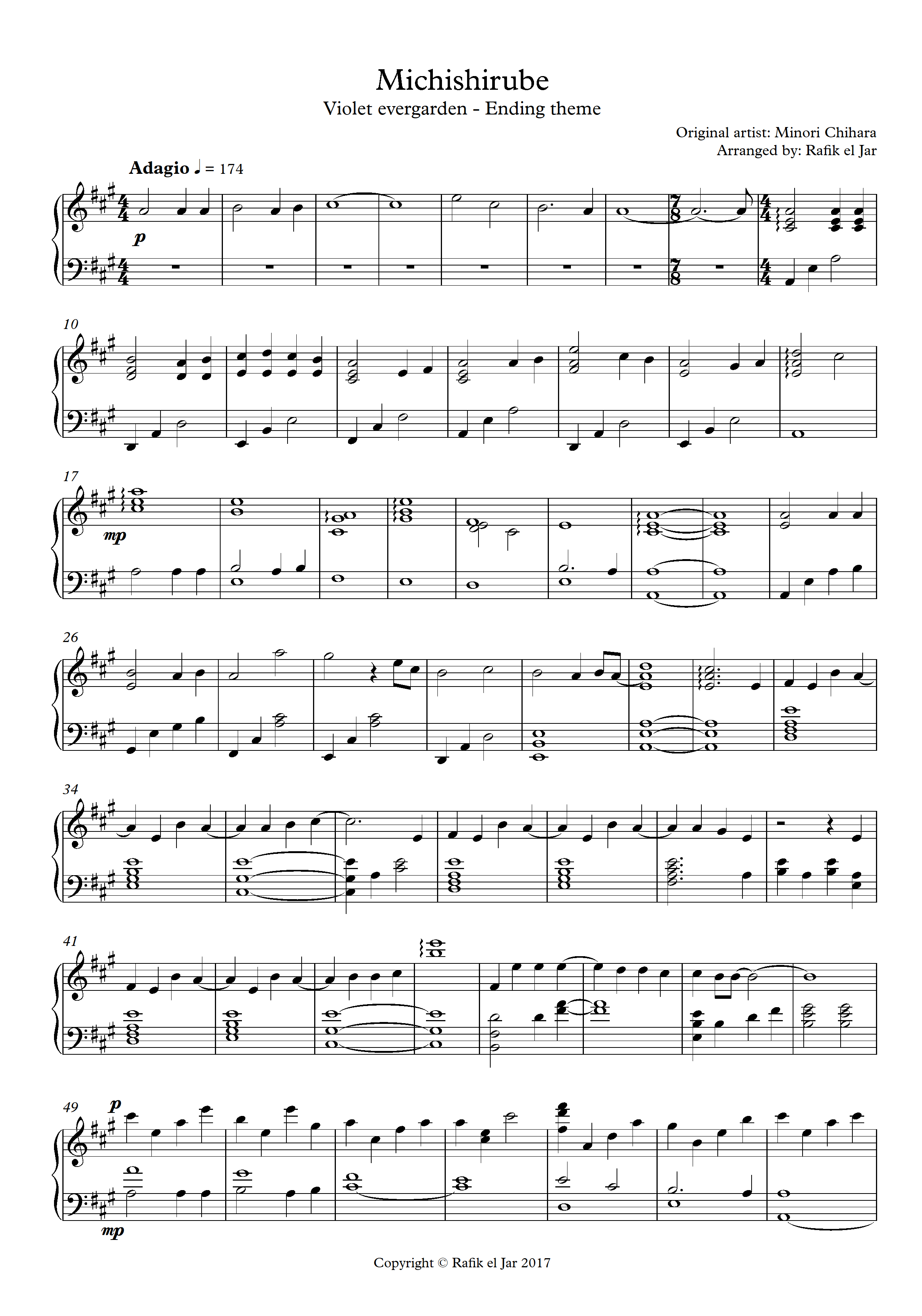 Sheet music for &quot;Michishirube&quot; from Violet everga...