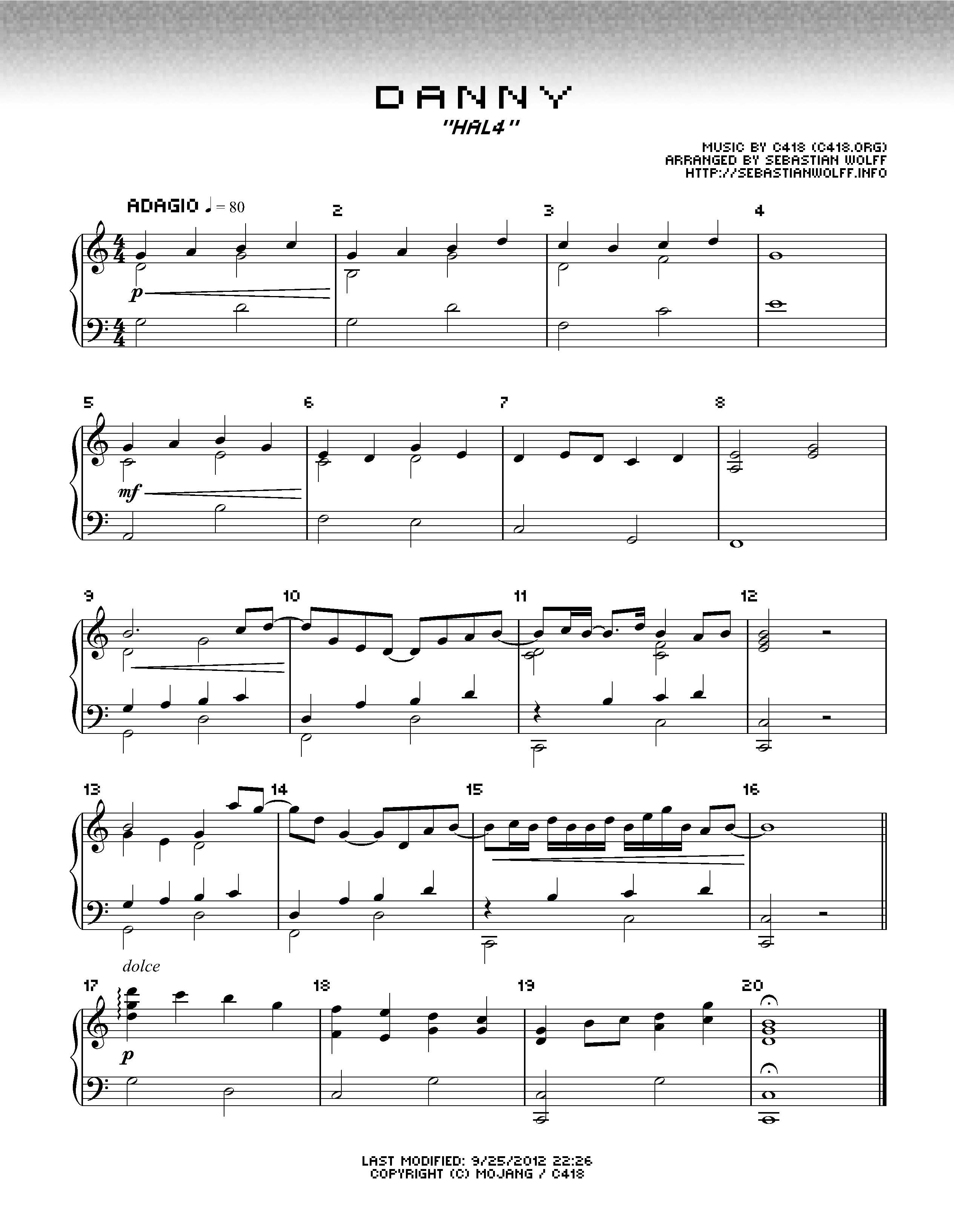 Danny – Minecraft sheet music  Sheethost