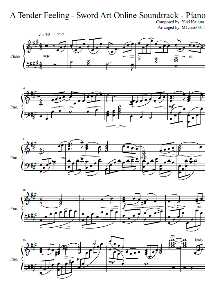 A Tender Feeling – Sword Art Line Sheet Music